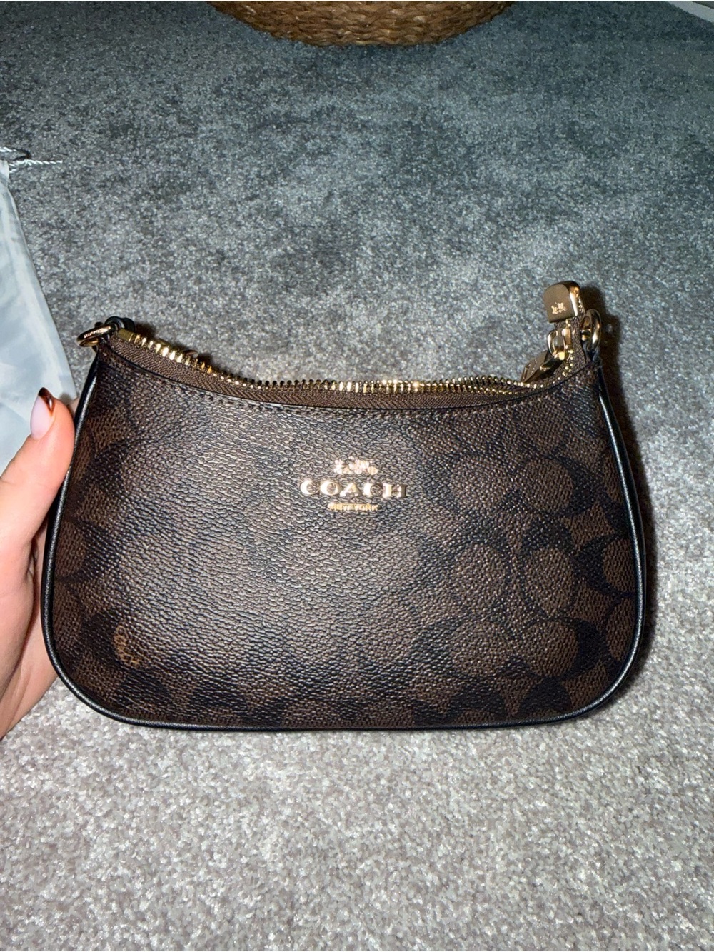 Coach Dark Brown Signature Mini Pouch with Gold Hardware